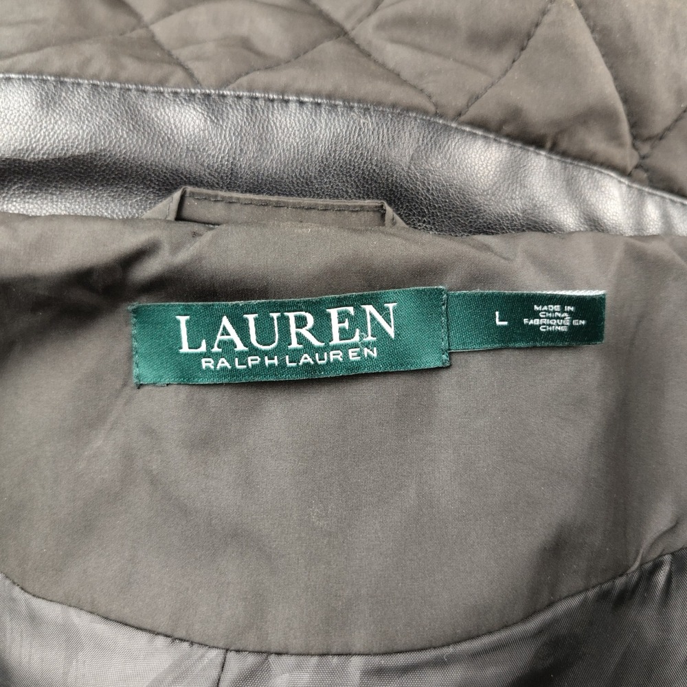 Lauren Ralph Lauren Black Quilted Hooded Barn Jacket Faux Leather Trim Womens L - Picture 5 of 7